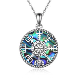 CUPENDA Viking Compass Necklace Sterling Silver Runes Vegvisir Pendant Necklace Abalone Shell Norse Amulet Jewelry Gift for Women Men