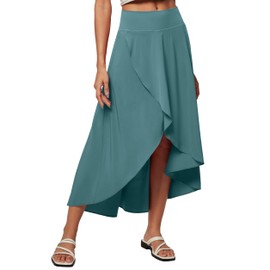 Heathyoga High Waist Wrap Skirt with Shorts Flowy Skirts for Women Trendy Summer Ruffle High Low Maxi Skirt with Slit Green