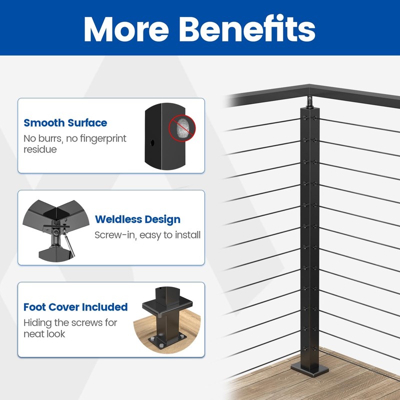 Muzata Black Corner Cable Railing Post 42 Inch 42"x2"x2" T-drilled