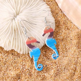 Wendalern Boho Acrylic Beach Earrings Mermaid Starshell Seahorse Turtle Dangle Earrings Summer Ocean Resin Printed Earrings Statement Jewelry for Women