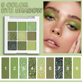 AMY'S DIARY Light Bright Green Glitter Shimmer Eye Shadow Makeup Palette 9 Colors, Emerald Dark Avocado Neon Green Highly Pigmented Matte Glitter Shimmer Pearl Waterproof for woman