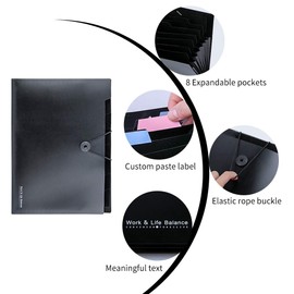 Uquelic 8 Pockets Expanding File Folder - Plastic Black Accordion Document Storage Organiser A4 Letter Size Expandable File Jacket Filing Wallets with Label (2Pack)