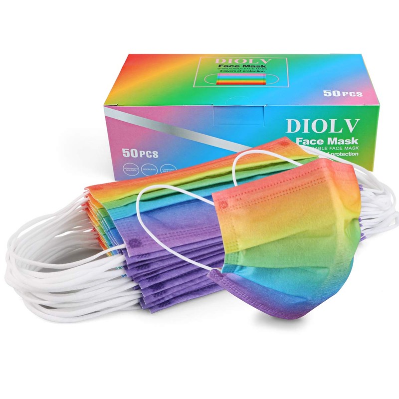 DIOLV 50Pcs Rainbow Printed Disposable Face Masks for Adults 3-ply