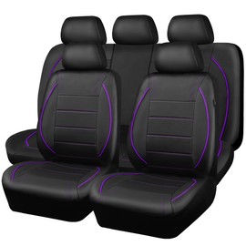 CAR PASS Piping PU Leather Car Seat Cover,Inside Zipper Design and Reserved Opening Holes Airbag Compatible,Universal FIT for Car, SUVs,Van,Trucks,Full Set, Black & Purple