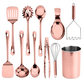 COOK WITH COLOR Kitchen Utensil Set - 10-piece premium Nonstick & Heat Resistant Kitchen Gadgets, Turner, Spaghetti Server, Serving Spoons, Whisk, Tongs, Masher & Utensil Holder, Rose Gold