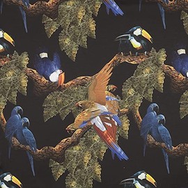 Kt KILOtela - Linen Fabric Digital Print Upholstery Cushion Curtains Halfpanama Cotton 100cm Length x 140cm Width | Tropical Birds Bimori - Black Multi - 1 Metre