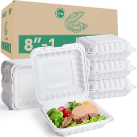 LEOBOX Takeout Container Mineral Filled PP Plastic - 8 Inch 34oz 55 Pack | Shrink Wrap BPA Free To Go Boxes | Reusable Dishwasher Microwave Freezer Safe for Food Delivery | White Disposable Containers