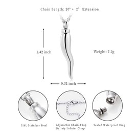shajwo Cremation Jewelry for Ashes Italian Horn Shape Urn Pendant Necklaces for Ashes Memorial Keepsake Necklace Jewelry for Men Women (Silver)