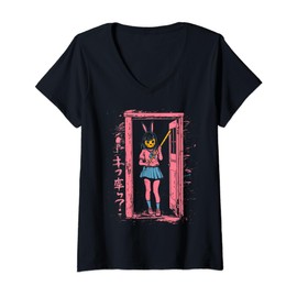 Womens Creepy Girl Bunny Grunge Slasher Pastel Goth Anime Horror V-Neck T-Shirt
