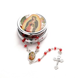 Catholic Town Rosary Necklace with Our Lady of Guadalupe - Nuestra Señora de Guadalupe - center piece, Cross Crucifix and metallic box. (ROSMIRNSG-RED)