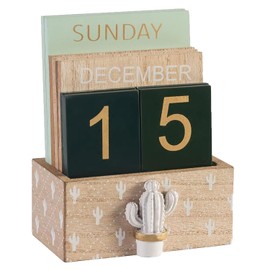 Desk Perpetual Block Calendar, Wooden Daily Desktop Wood Blocks for Home Farmhouse Office Aesthetic Decor Rustic Decoration Accessories Cute Green Cactus