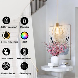 Battery Operated Pendant Light with Remote,Battery Ceiling Lights No Wiring,Battery Chandelier with RGB Rechargable Light Bulbs 50hrs Battery Life,1 Pack Glass Hanging Light for Kitchen Island (Color
