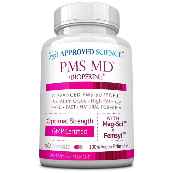 Approved Science PMS MD - Eliminate PMS Symptoms - Calcium, B Vitamins, BioPerine - 60 Capsules - One Month Supply - Vegan