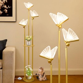 Stepeak Gold Floor Lamps for Living Room, Modern Floor Lamp with Shelves, 3 Adjustable LED Butterfly Lights, Brass Standing Lamps with Table, On/Off Switch, Corner Tall Floor Lamp for Bedroom