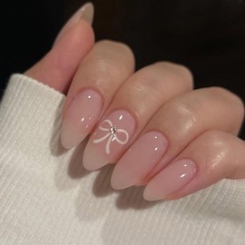 MERVF Almond Press-on Nails - Medium Nude Glue with Bow Rhinestones Design - Stiletto Acrylic Fake Nails - 24pcs for Women