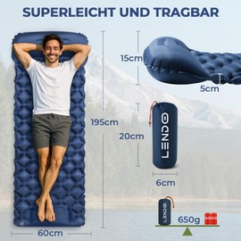 LENDOO Ultralight Inflatable Sleeping Mat, 195 cm x 60 cm, Self-Inflating with Inflatable Cushion, Camping Mat, Outdoor Waterproof with Foot Pump, Air Cell Mat, Inflatable for Outdoor Use