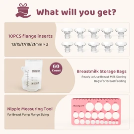 Nursi Luna Flange Sizing Kit with Flange Inserts 13/15/17/19/21mm 10PCS, Nipple Ruler, Breastmilk Storage Bags 60, Silicone Flanges Insert for 24mm Flange/Shield, Breastfeeding Essentials for New Mom