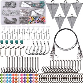 AGOOL Saltwater Surf Fishing Tackle Kit - 130pcs Surf Fishing Rigs Fish Finder Rig Live Bait Rigs Fishing Wire Leaders Pyramid Sinker Weights Sinker Slider Fishing Hooks Saltwater Fishing Accessories