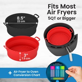 Collapsible Silicone Air Fryer Basket Liners Pot - AirFryer Liners Reusable Bowls for 5 Quart or Bigger As Seen on the Today Show - Air Fryer Accessories 2 Pack - Round Silicone Liners (Red & Black)