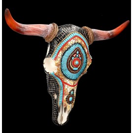 Figuren Shop GmbH Wall Decoration Skull Bison with Western Mosaic 33 cm Large - Relief with Horns | Trophy Head Cow Longhorn Bull Buffalo Skull Indian Cowboy USA Decoration