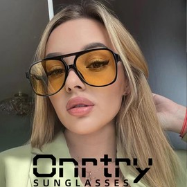 Onrtry Retro Polarized Aviator Sunglasses for Women Men Classic 70s Vintage Trendy Square Sun Glasses Shades(Black/Yellow)