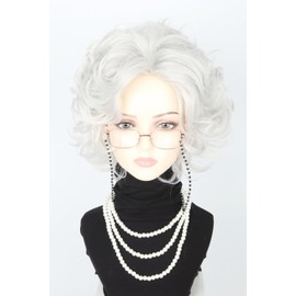 Lucoacos Old Lady Costume Wig and Accessories Set Silvery White Short Curly Granny Wig