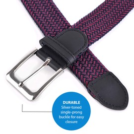 Umo Lorenzo Stretch Braided Woven Golf Belts without Holes, Elastic Casual Belts for Men and Women, Navy and Burgundy, Large (Fits 36-40" Waist)