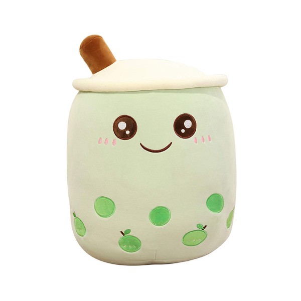 Cartoon Bubble Tea Plush Pillow,Plush Boba Tea Cup Toy Figurine Toy,24/35 cm Cute Bubble Tea Cup Shaped Pillow with Suction Tubes (Green, Small)