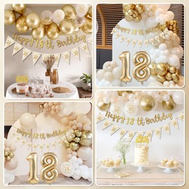 DJLLA 18th Birthday Decoration Girls, Gold Happy 18th Birthday Banner, Sand White Birthday Balloons, 18th Birthday Balloons, Confetti Latex Balloons Cake Topper for Girls 18th Birthday Party Decorations