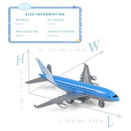 QIYUMOKE Pull Back Airplane Model Toy for Boys, A380 Plastic Airplane Model Blue Painting, Fun Crash Games Plane Models (14cm L)
