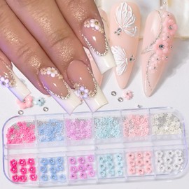 Spring Summer Flower Nail Charm for Acrylic Nails Cute Flowers with Mini Pearl Design Flowers Nail Rhinestones Flower Nail Jewelry and Gems DIY Manicure Decoration Supplies for Women Girls