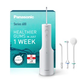 Panasonic Series 600 Ultrasonic Oral Irrigator EW-DJ67-W303, Dental Irrigator, Cordless Oral Irrigator, 200 ml, IPX7, 2 Ultrasonic Nozzles, 1 Orthodontic & 1 Tongue Cleaning Nozzle, 5 Water Pressure Levels, White