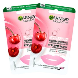 2 x Garnier Skinactive Fabric Cherry Flavoured Dry Lip Mask - 2 Packs of 1 Disposable Treatment