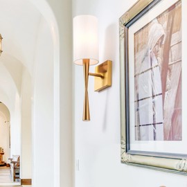 MhyTogn Modern Antique Brass Brush Paint Finish Wall Sconce Set of 2, with Creamy-White Fabric Straight Shade for Vanity Stairway Fireplace Kitchen Living Room Bedside