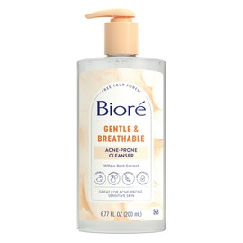 Biore Gentle & Breathable Acne Face Wash, Gentle Face Cleanser for Sensitive and Acne Prone Skin, Infused with Willow Bark Extract to Clarify Skin, Fragrance Free, 6.77 Oz