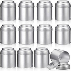Meanplan 12 Pcs Tea Tin Canister with Airtight Double Lids 8 oz Round Tin Can Box Small Kitchen Tea Canister Loose Leaf Storage Containers for Loose Bags Coffee Sugar Candy Spices(Silver)