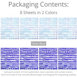 1568 Pieces Colorful Glitter Letter Sticker, 8 Sheets Self-Adhesive Vinyl Sparkle Alphabet Label Decals for Scrapbook Notebook Name Tag Graduation Cap Water Bottle and Scrapbooking - Silver & Blue