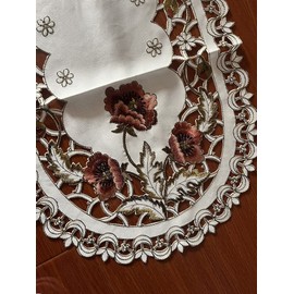 Brown Rose Floral Embroidered Tablecloth,Cut Work Rustic Coffee Table Runner,Beige Table Doily Flower Washable Openwork Lace Table Cloth (15"x33" Oval)