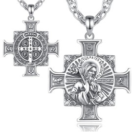 Vito 925 Sterling Silver San Benito Cross Necklace for Women Men, Medalla de San Benito Pendant Catholic Religion Protection St Benedict Jewelry Gift for Mom Wife Husband, 24" Chain