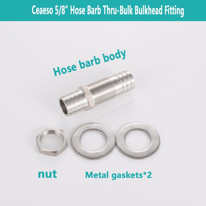 5/8" Hose Barb Thru-Bulk Bulkhead Fitting,304 Stainless Steel Straight Hex