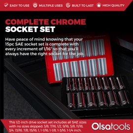 Olsa Tools SAE Deep Socket Set - 1/2-Inch Drive, 18pc - 6-Point Chrome Sockets from 3/8" to 1-1/4" and No Skipped Sizes - Mechanic Deep SAE Socket Set - Professional Grade Long Sockets - Part: 1319