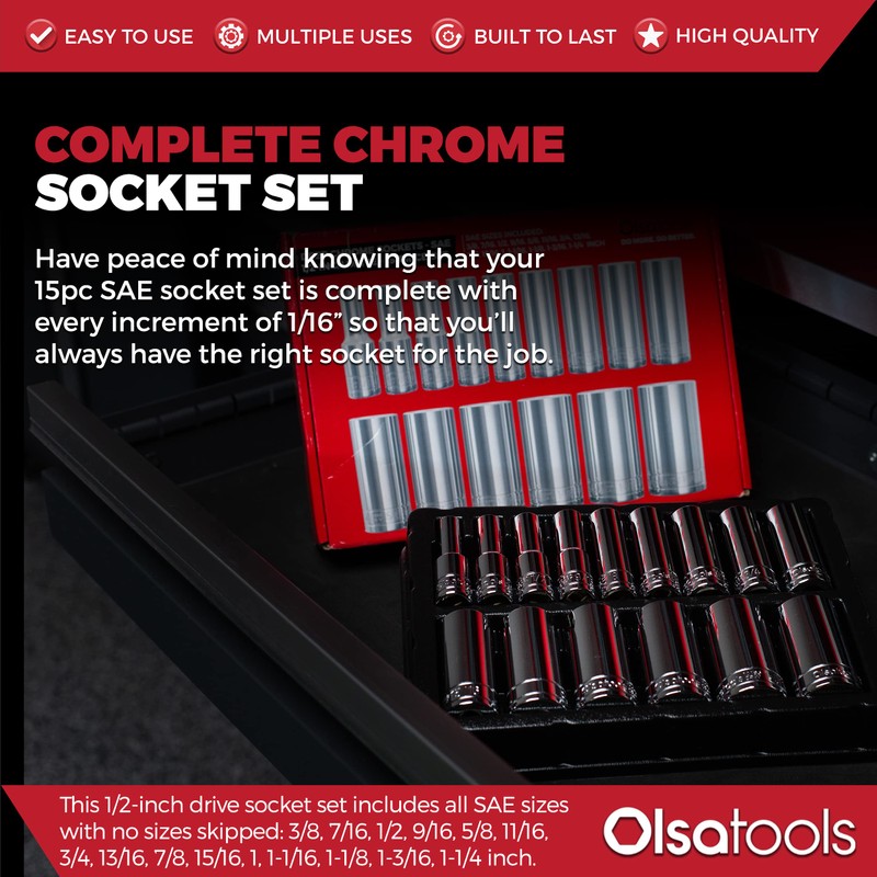 Olsa Tools SAE Deep Socket Set - 1/2-Inch Drive, 18pc
