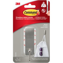 Command Brushed Nickel Metal Hooks 1 Hook and 2 Medium Strips - For Hanging Bags and Clothes - Hook for Wall or Door - No Drilling - Holds up to 3 lbs