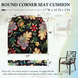 Wellsin Outdoor Chair Cushions for Patio Furniture - Patio Chair Cushions Set of 6 - Water Resistant Round Corner Outdoor Seat Cushions 17"X16"X2", Flower Black