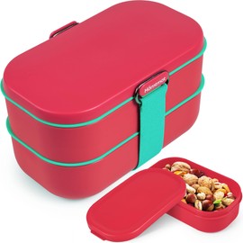 Insulated Stackable Bento Box for Adults with Reusable Chopsticks Japanese Lunch Box Microwavable & Leak Proof Lunch Containers for Men & Women Modern Cute Food Container with Compartments (Red)