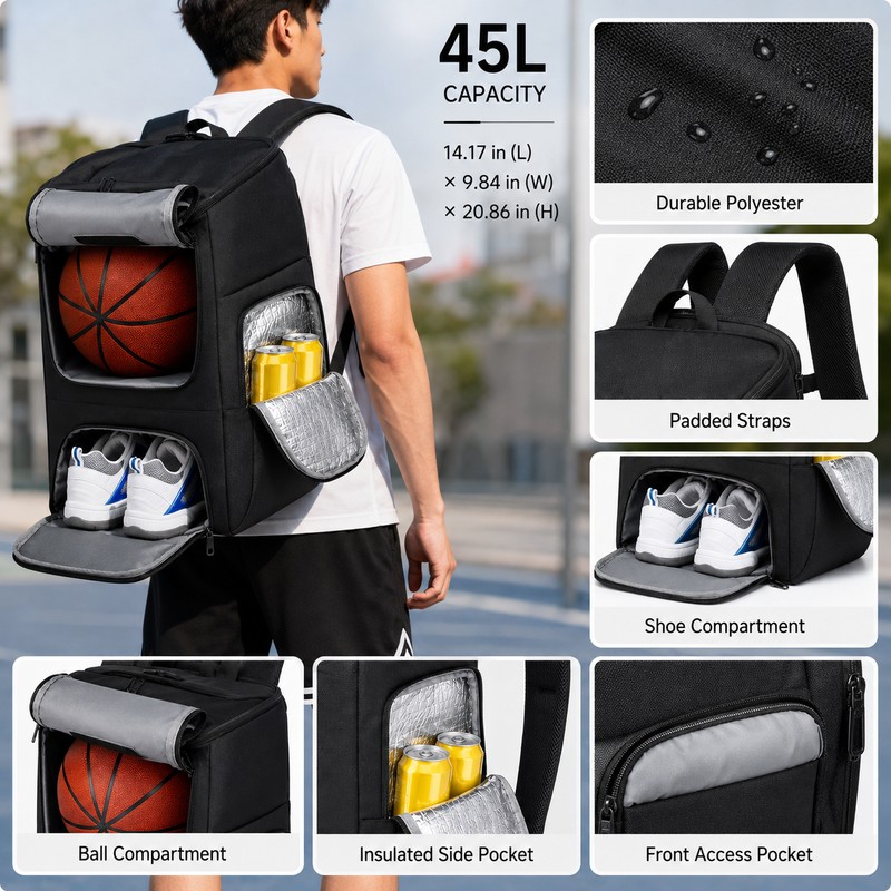 45L Basketball Backpack for Sports – Large Gear Bag with
