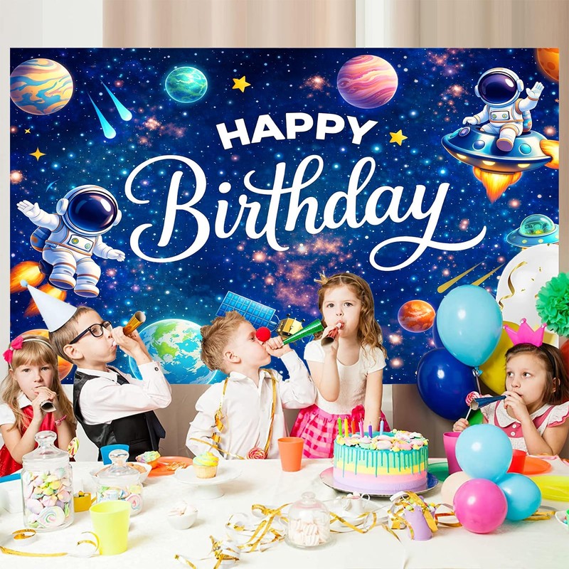 4signalballs Space Themed Birthday Backdrop for Kids, 6x4ft Rocket Astronaut
