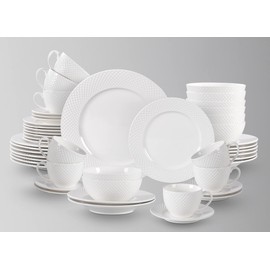 HomeVss, New Bone China Dinnerware Set, Embossed Diamond Design, 48pc Set