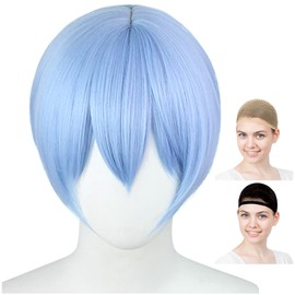 CaseEden 6023 Premium Cosplay Wig, Rei Ayanami, Short, Divided Center, Light Blue, Light Blue