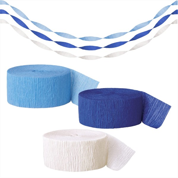 Winter Blue and White Crepe Paper Streamer Decorations for Christmas, Hanukkah, Oktoberfest and More, 81 Ft Each (Set of 3)